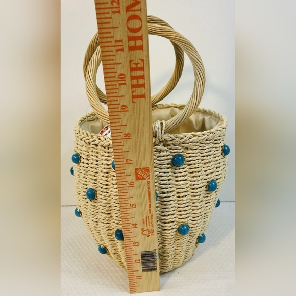 Boho Cottage Farm Straw Beaded Turquoise Blue Bucket Artisy Woven Handbag New - Picture 5 of 9